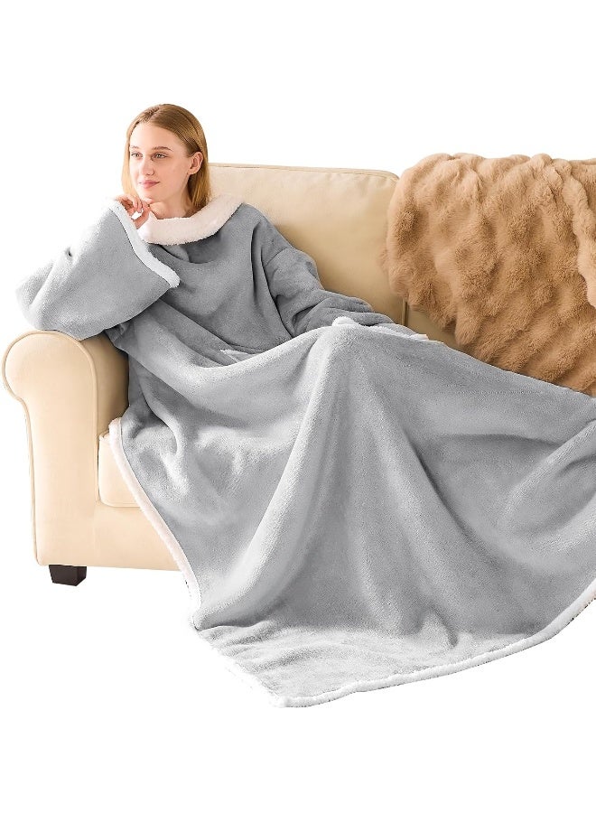 IFNOW Sherpa Wearable Blanket with Sleeves for Women Men Adults, Cozy Wearable Blanket with Arm and Pocket, Warm Full Body TV Wrap Throw Blanket, Soft Robe Blanket as Gifts for Mom Wife, Grey - Image 1